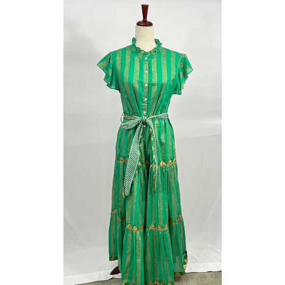 OLIPHANT L Large Pixie Green Gold Ruffle Collar Maxi Dress Belted Short Sleeve - Picture 9 of 9